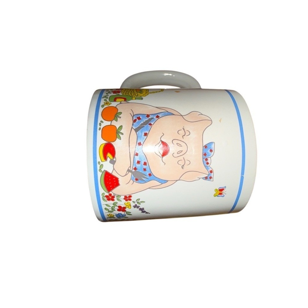 Happy Pig Vintage Coffee Mug Multicolor Pig Picnic Fruit Flowers Border farmcore